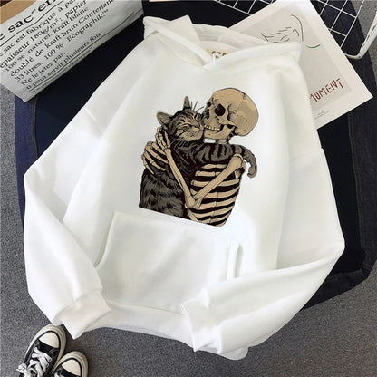 Halloween Skull and Cat Print Kangaroo Pocket Hoodies Fall Winter Long Sleeve Sweatshirt Unisex Funny Vintage Hooded 90s Clothes