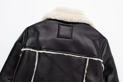 Faux Leather Jacket - Women's Winter Coat With Zipper Front & Turn-Down Collar