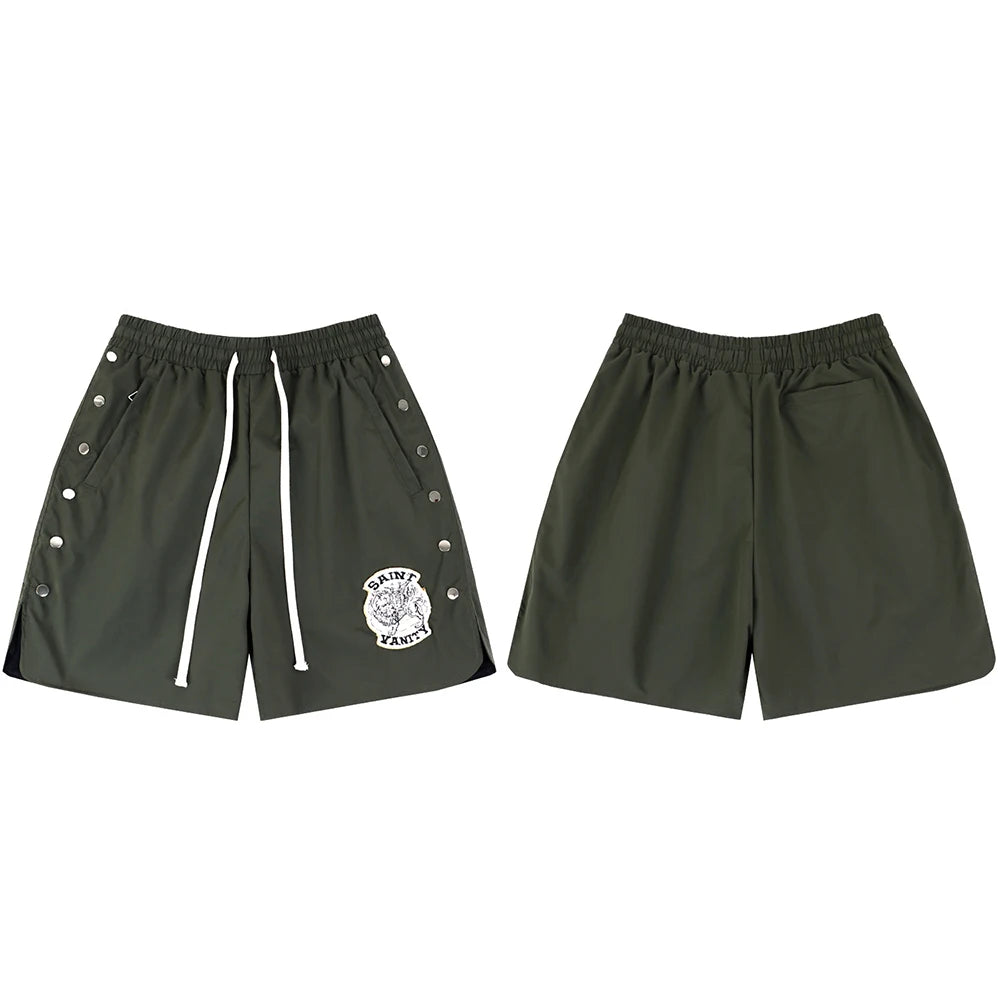 Side Button Embroidery Water Proof Thin Summer Shorts for Men Elastic Waist Drawstring Baggy Quick Dry Five Point Pants