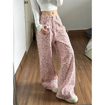 Pink Leopard Print Wide Leg Jeans Women Summer 2026 Loose Slimming Drapey Floor-Length Straight Cut Design Sensation