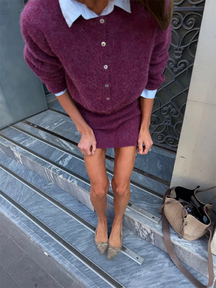 Solid Color Zipper Waist Cinching Casual Set Knitted Top Drawstring Straight Leg Pants 2-piece Sets 2026 Autumn Lady Daily Wear