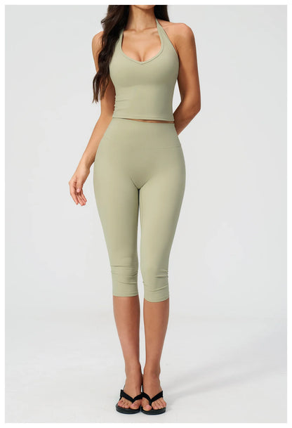 Women Tracksuit Yoga Set 2PCS Sports Set Short Sleeve Fitness Outfits Workout Clothes Running Capri Pants Gym Suit Athletic Wear