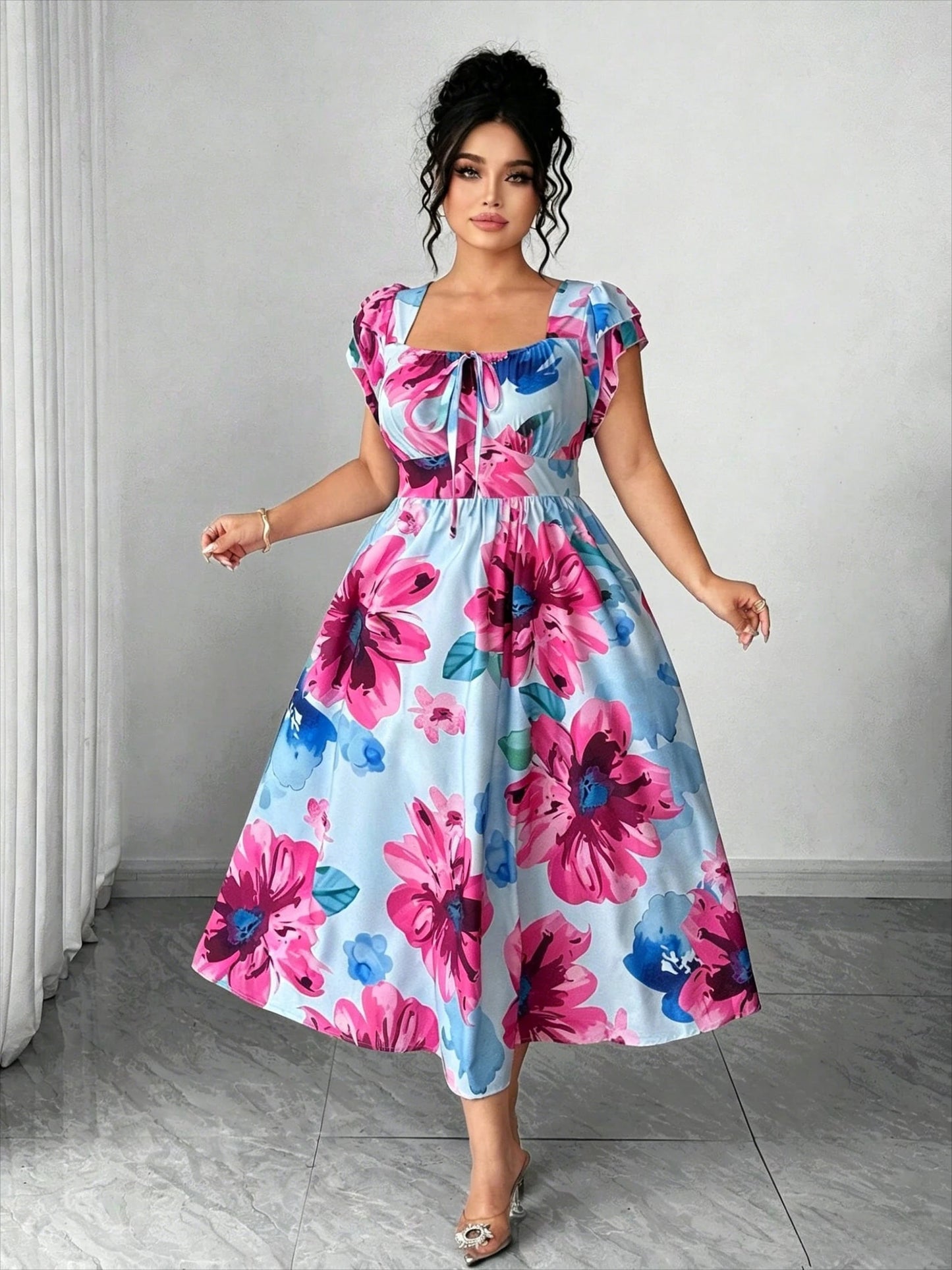 Plus Size Women's Elegant Blue Printed A-Line Dress, Slim Waist Fitted Casual Mini Dress for Daily Dating
