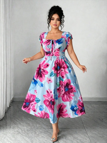 Plus Size Women's Elegant Blue Printed A-Line Dress, Slim Waist Fitted Casual Mini Dress for Daily Dating