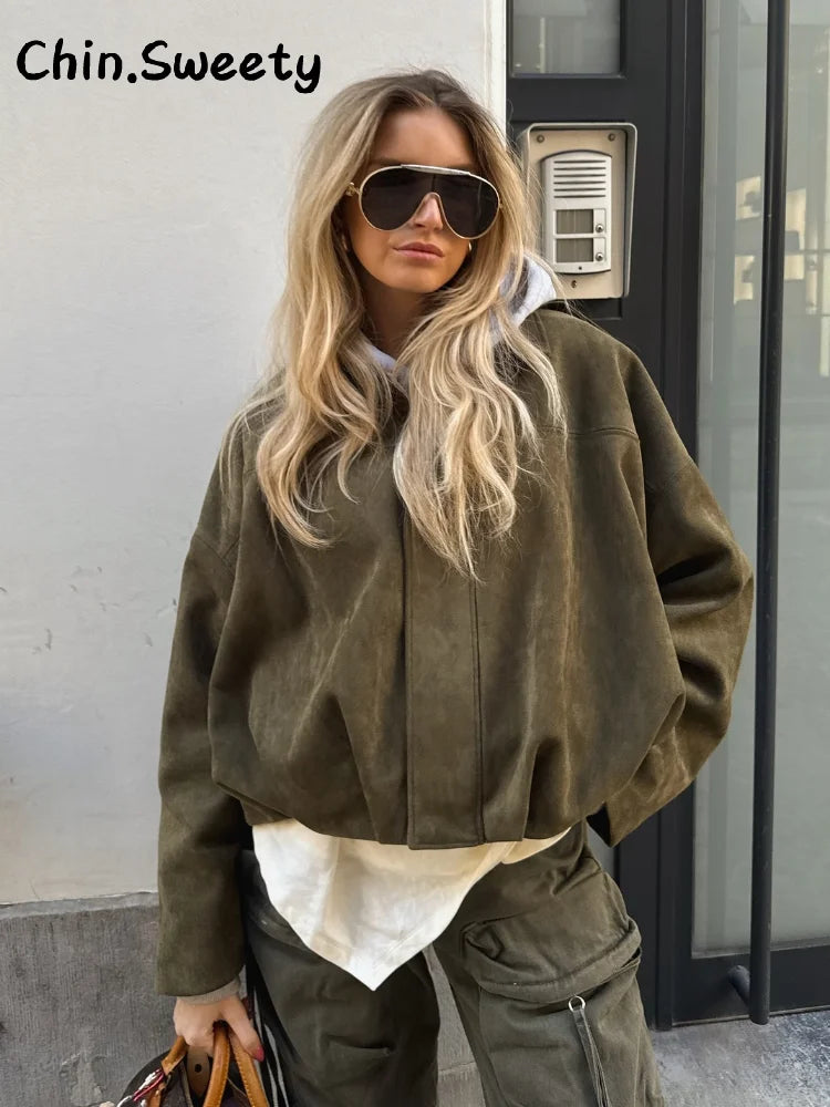 Vintage Suede Green Bomber Jacket Women Loose Lapel Full Sleeve Zipper Commute Coat 2025 Autumn Lady High Street All-match Coats