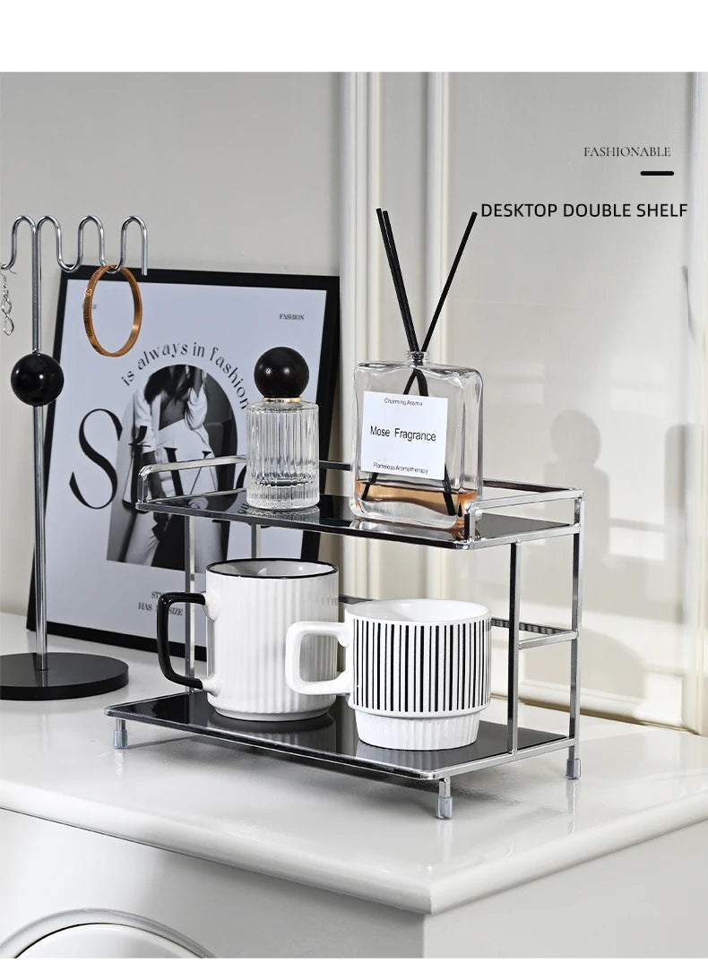 Metal Desk Organizer - Double Layer Desktop Storage Rack for Cup, Cosmetics & Bathroom