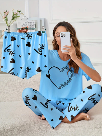 Women's Short Sleeve Crew Neck Top With Shorts And Pants 3 Piece Loungewear Sleepwear Lounge Sets Nighty Print Casual Pajama Set