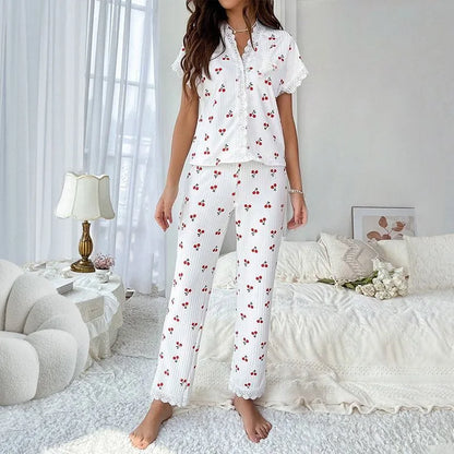 New Fashion Women's Pajamas Autumn and Winter Collar Lace Printed Shirt Trousers Homewear Homewear Homewear Lingerie