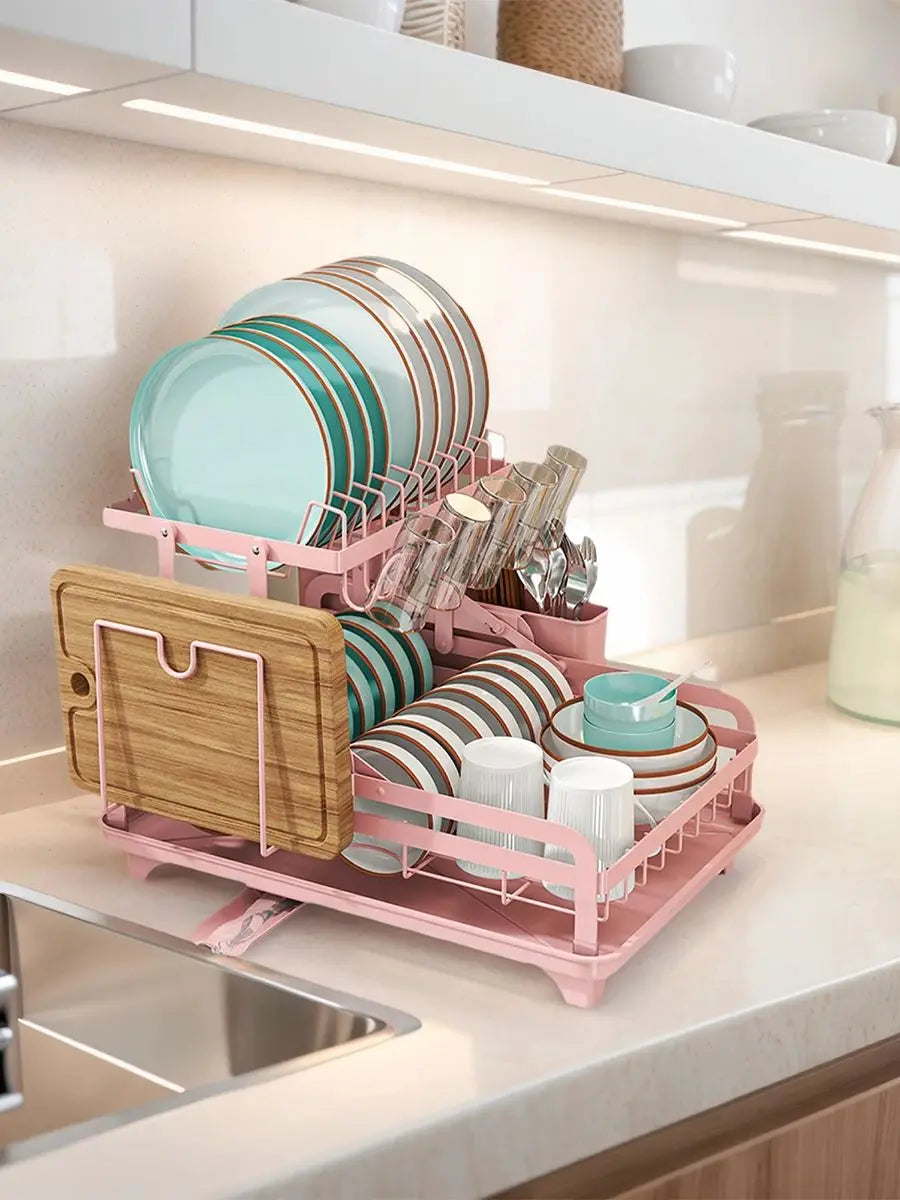 2 Tier Pink Dish Drying Rack with Drainboard | Large Capacity Kitchen Counter Dish Organizer , With Utensil Holder & Accessories