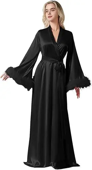 Long Feather Sleeve Bathrobe Sexy Ice Silk Kimono Wedding Bride Dress Women Loose Sleepwear Loungewear Casual Nightgown