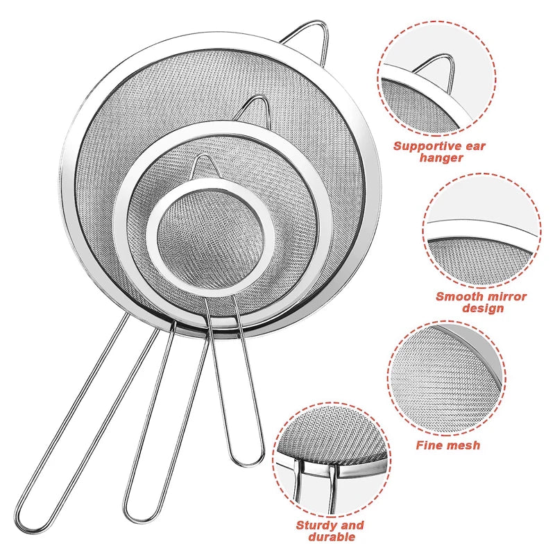 Fine-Mesh Strainer Set – Stainless Steel Sieve & Flour Sifter (3/4-Piece)