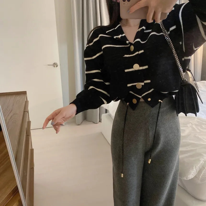 Loose Women's Knitted Cardigan Coat with Big Pockets Striped Splicing Drawstring Hem Single Buttoned Open Front Sweater