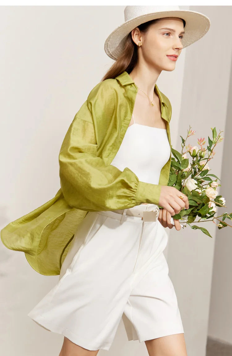 AMII Minimalist Blouse for Women 2023 Autumn Lantern Sleeve V-Neck Slightly Transparent Elegant Commuter Clothing Tops 72341030