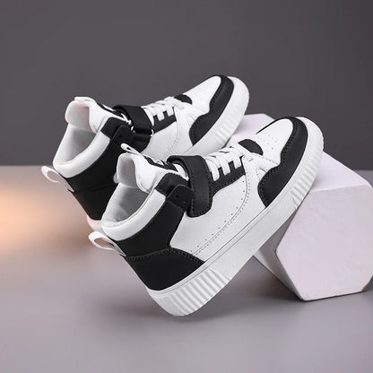 Boys High Top Sneakers - Autumn Leather Sports Shoes with Hook & Loop Closure