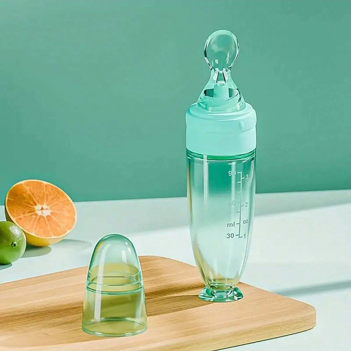 New 90ml/3OZ Colorful Silicone Baby Bottle Feeder with Soft Spoon, Suction Cup and Dust Cap, Portable Squeeze Feeding Bottle