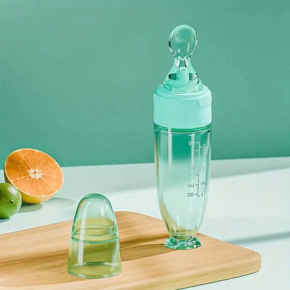 New 90ml/3OZ Colorful Silicone Baby Bottle Feeder with Soft Spoon, Suction Cup and Dust Cap, Portable Squeeze Feeding Bottle