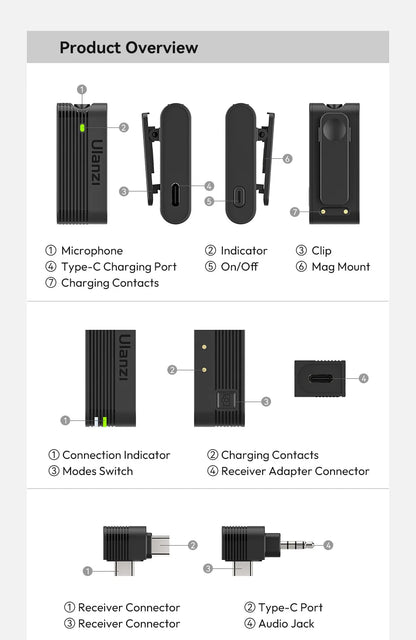 Ulanzi A100 Wireless Lavalier Microphone 20M Transmission for Street Interviews Vlogging Music Recording for Smartphones Cameras