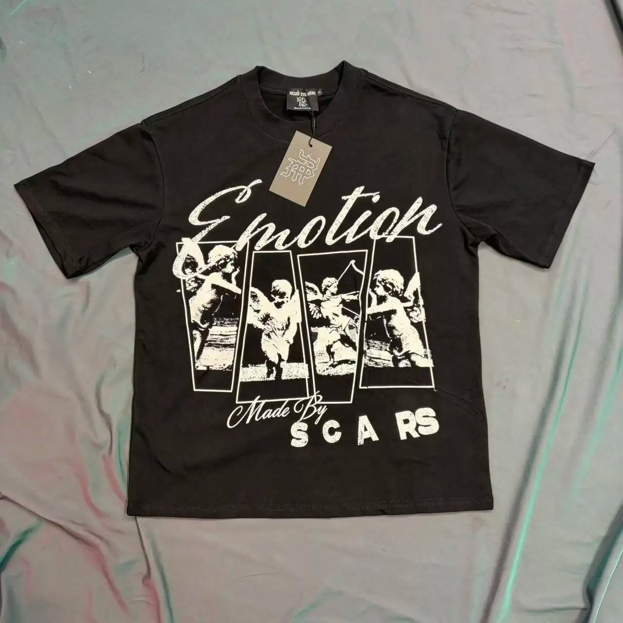 141# New fashion trend brand MIXEDEMOTION printing Shirt Streetwear Cotton Loose Round Neck Oversized Tee Top men t-shirt