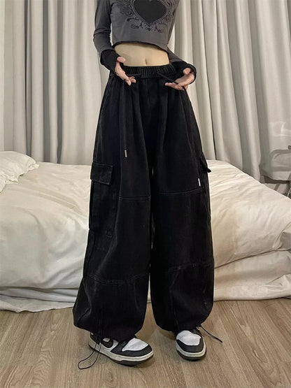 Cargo Pants Women Solid Color Japanese Loose Thin Straight Wide-leg High Waist Trousers High Street Basics Casual Pants Female