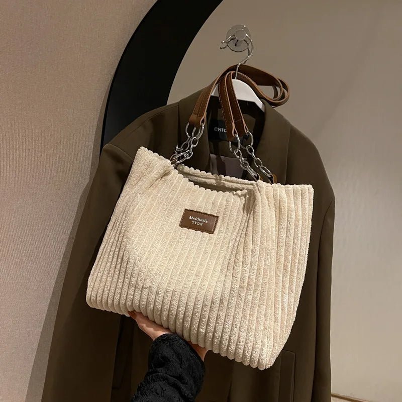 Corduroy Shoulder Handbag – Women's Soft Cotton Shopping Bag With Zipper Closure