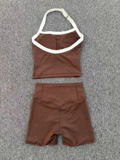 Fashion Patchwork Skinny Shorts Set Gym Women Workout Clothing Summer Sleeveless Backless Fitness Sport Suit Women Sportwear Red