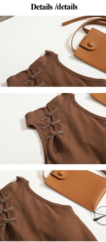 ITOOLIN Women Vintage Chinese Button Tank Tops With Bra Pad Halter Tops O-Neck Elegant Crop Tops Off Shoulder Tops For Women