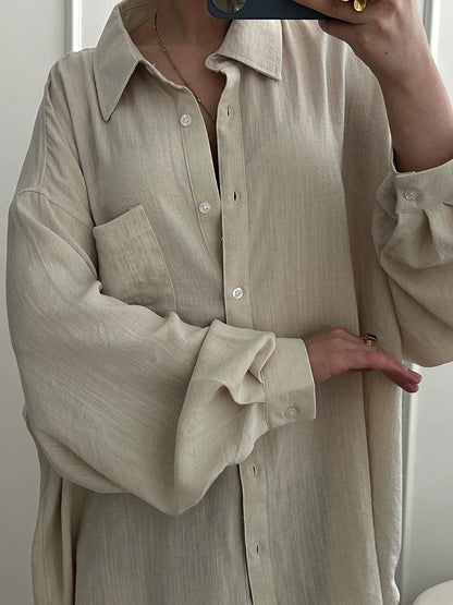 Summer Blue Linen Shirts For Women Oversized Long Sleeve Tops Green Shirt Woman Work Basic Linen Tops Women White Shirts Ladies