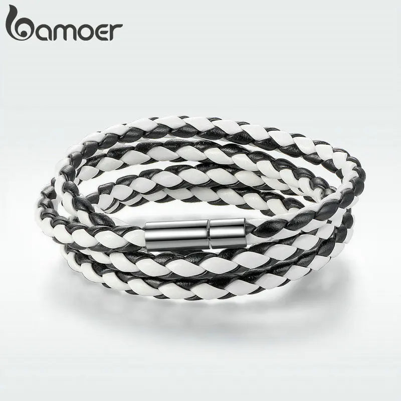 BAMOER PU Leather Bracelet Multi-layer Wrap Braid Long Chain Adjustable Magnet Buckle Unisex for Women and Men Stackable Jewelry