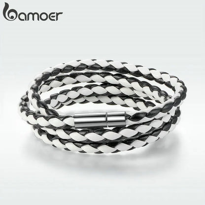 BAMOER PU Leather Bracelet Multi-layer Wrap Braid Long Chain Adjustable Magnet Buckle Unisex for Women and Men Stackable Jewelry