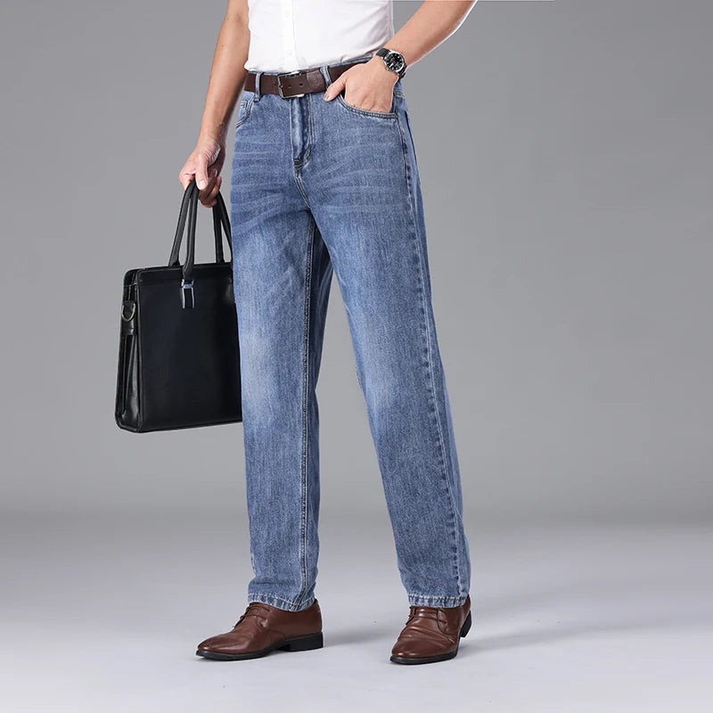 2026 Summer High Quality Brand Cloth Business Casual Men's Lightweight Straight Loose Jeans Classic Retro thin cotton trousers