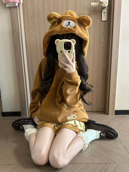 Original Japanese Style Soft Girl Hooded Rilakkuma Jacket for Women Cute Versatile Fleece Lined Thickened Sweatshirt