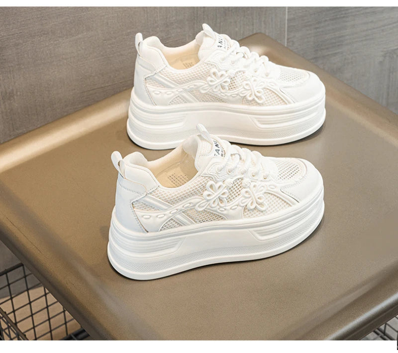 Womens White Mesh Platform Sneakers Breathable Thick Sole Casual Shoes With Flower Embroidery Lightweight Non Slip For Summer Da