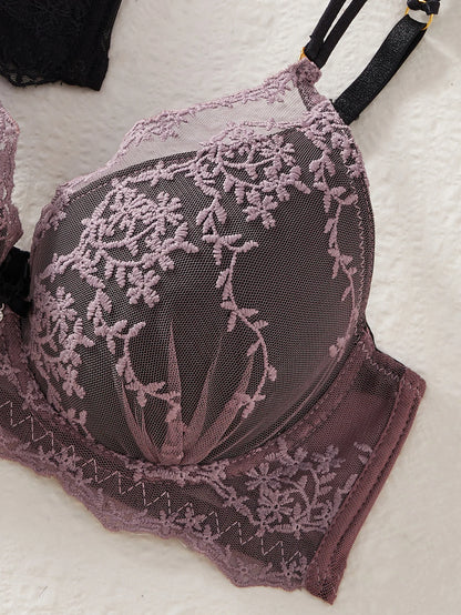 3PCS Women Floral Lace Bra Set Mesh Spliced Embroidery Push Up Bra Double Straps Underwire Support Daily Sexy Lingerie