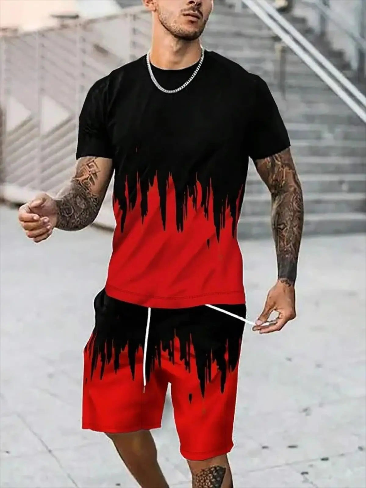 Men's summer striped letter printed soft and breathable round neck T-shirt shorts set, outdoor urban casual two-piece set
