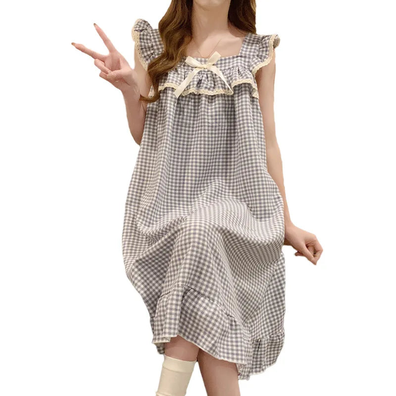 Women Korean Sweet Plaid Bow Design Nightgown with Straps Sleep Dress Cute Summer New Loungewear Y2K Nightgown with Built-in Bra