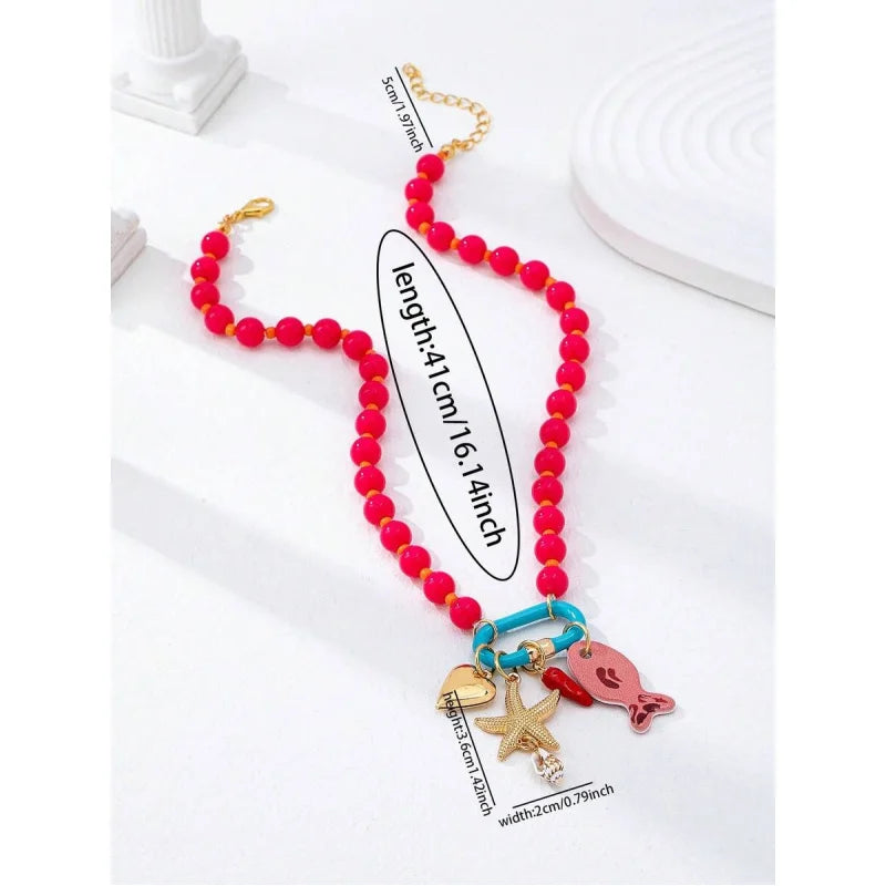 1pc Summer Beach Multi-Layer Resin Beaded Necklace, Colorful Fish & Starfish Charms, Boho Jewelry for Vacation & Beach Party