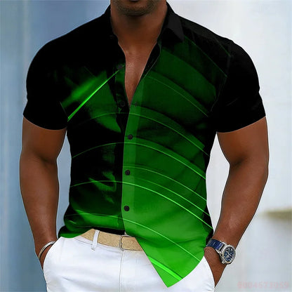 Men's color-blocked abstract striped short-sleeved shirt, summer fashion casual men's shirt, Hawaiian shirt, sizes XS-6XL.