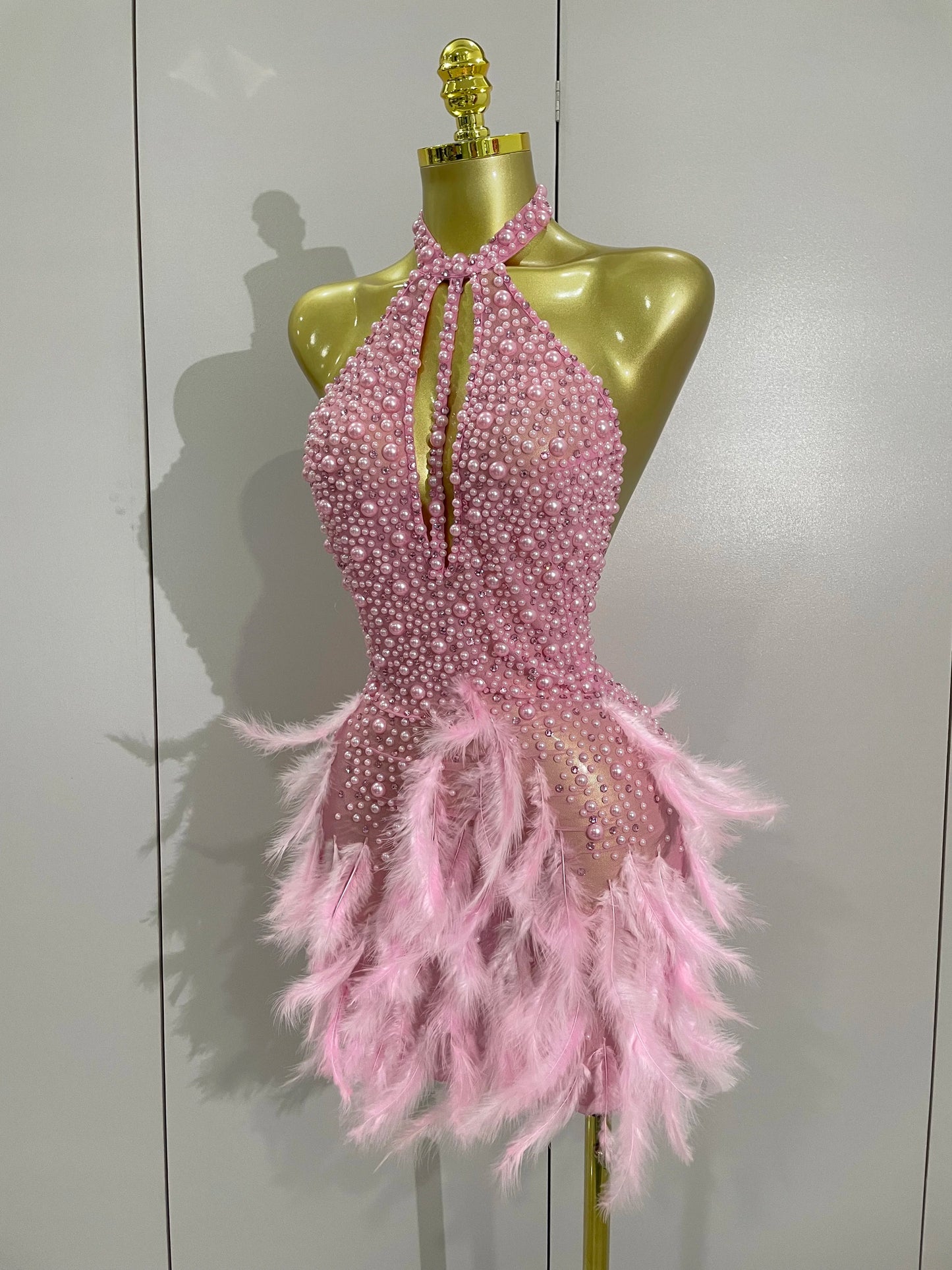 Backless Halter Dress - Women's Party Mini Sheath With Rhinestone & Feather Details