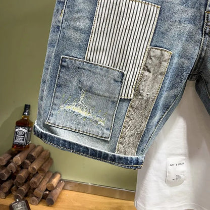 Summer Splicing Fashion Denim Shorts Patch Trendy Brand Handsome High-end Beggar Short Pants Medium Men Clothes Jeans Shorts