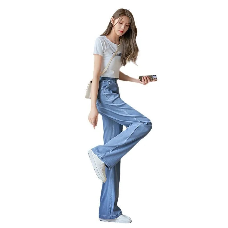 Summer Thin Soft Silk Loose Straight Leg Jeans Women's High Waist Wide Leg Pants Comfortable Breathable Casual Trousers
