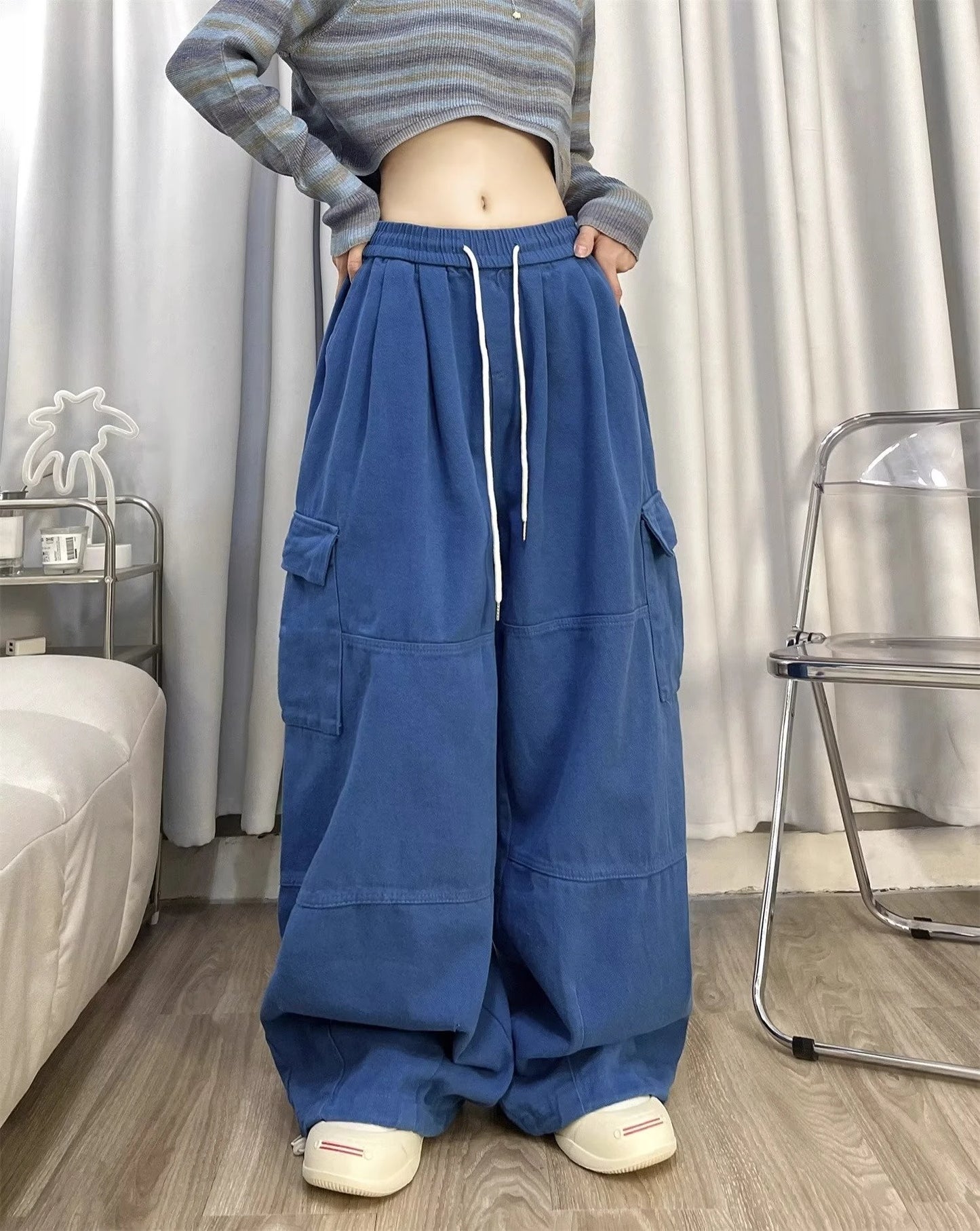Cargo Pants Women Solid Color Japanese Loose Thin Straight Wide-leg High Waist Trousers High Street Basics Casual Pants Female