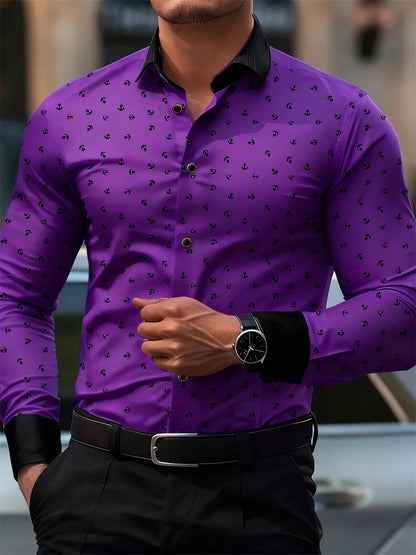 New Men's Fashion Anchor Print Contrast Color Lapel Long Sleeve Shirt Business Casual Slim Fit Non-iron Versatile Shirt XS-6XL