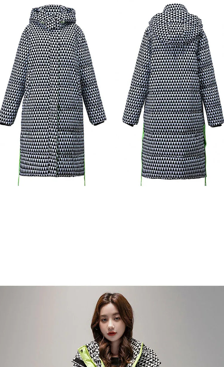 2023 Winter Warm  Plaid Long  Coat Women ' s Fashion Thicken Hooded Puffer Jacket Female Windproof Warm Outwear