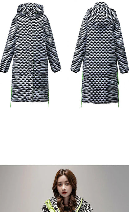 2023 Winter Warm  Plaid Long  Coat Women ' s Fashion Thicken Hooded Puffer Jacket Female Windproof Warm Outwear
