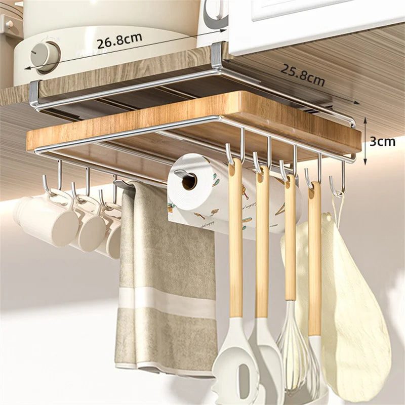 Kitchen Organizer Rack - Stainless Steel Hanging Kitchen Rack with Hooks for Cutting Board, Paper Towel & Pot Lid Storage