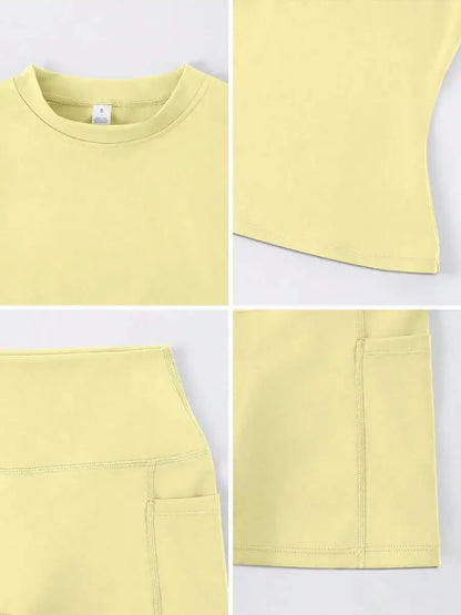 Women's Sweet Sports Short Sleeve High Waist Tummy Control Butt Lifting Shorts Set
