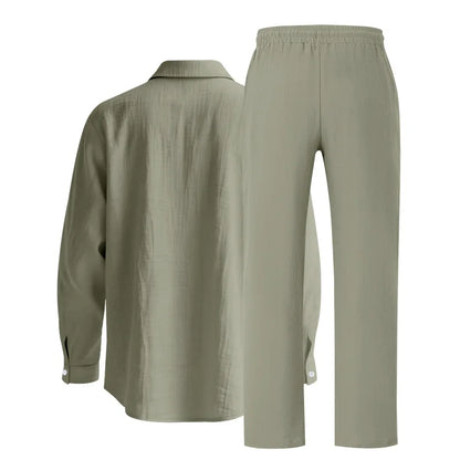 Men's Autumn Loose Trend Linen Solid Color Simple Lapel Long-Sleeved Shirt Beach Trousers Set