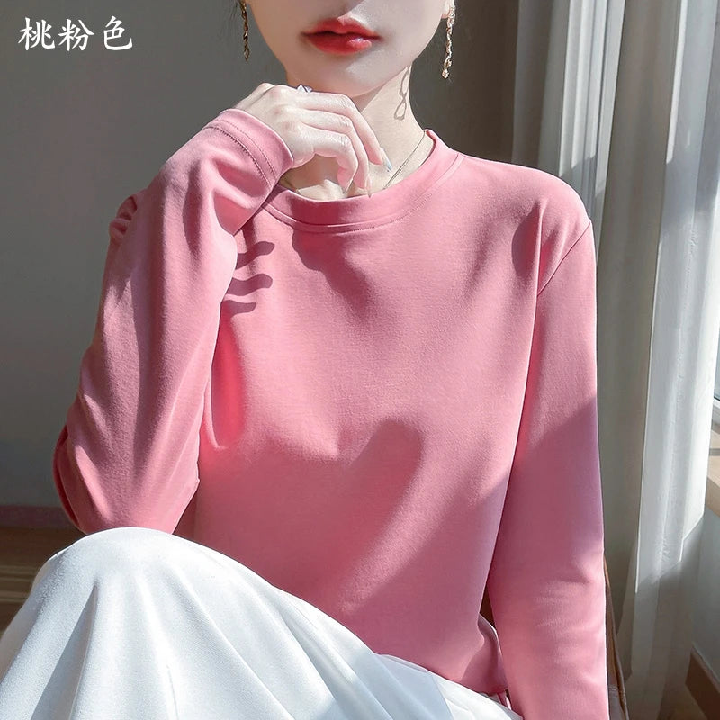 100 Cotton Womens Long-Sleeved Round Neck T-Shirt - Loose Bottoming Top for Spring  Autumn