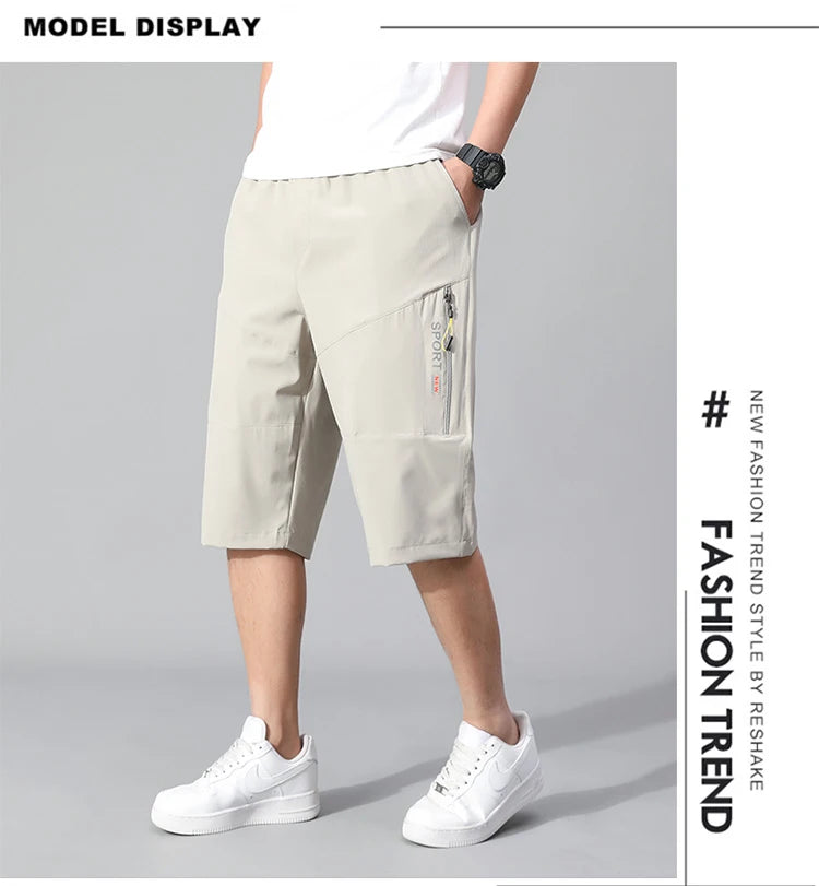 Mens Cargo Shorts - Knee Length Cotton Shorts With Zipper Pockets & Elastic Waist