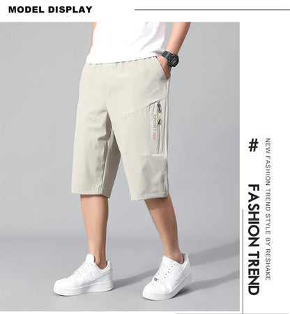 Mens Cargo Shorts - Knee Length Cotton Shorts With Zipper Pockets & Elastic Waist